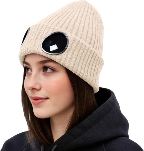 Unisex Winter Beanie with Fixed Goggles, Double-Layer Knit Hat with Soft Fleece Lining, Warm Windproof Skull Cap in Saudi Arabia