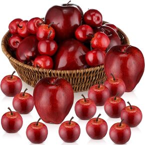 30 Pcs Artificial Red Apples with 1 Pcs Round Woven Basket Fake Apples for Fall Harvest Decor Faux Fruit Realistic Foam Dark Red Apple for Kitchen Table Home Decoration Photography, 2 Sizes in Saudi Arabia