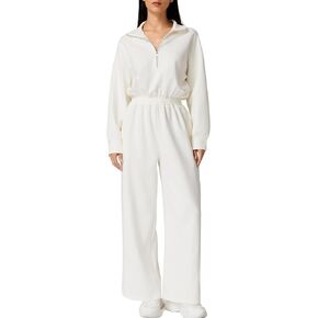 بذلة QINSEN النسائية AirCotton بأكمام طويلة ونصف سحاب عالية الخصر وواسعة الساق مع Peckets in Kuwait