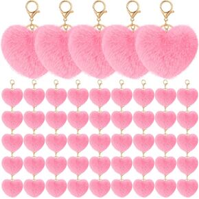 50 Pcs Valentine's Day Heart Pom Poms Keychain Fluffy Heart Shaped Puffball Keychain Faux Fur Pom Pom Keyholder Backpack Charms Bag Accessory Puffball Keyring Charms for Women in Kuwait