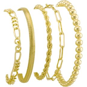 14K Gold Plated Waterproof Bracelets for Women Dainty Thin Cuban Link & Paperclip Chain Bracelet Set Stackable Trendy Fashion Jewelry Gift Pack in Saudi Arabia