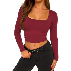 ForeFair Womens Square Neck Long Sleeve Crop Top Basic Going Out Top Tight Shirts Double Lined Tee in Saudi Arabia