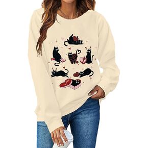 Meowy Valentine's Day Sweatshirt for Women Cute Black Cat Love Long Sleeve Shirt Love Heart Pullover Tops in Kuwait