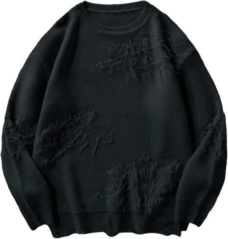 Verdusa Men's Ripped Distressed Fringe Sweaters Streetwear Crew Neck Pullover Knit Tops in Saudi Arabia