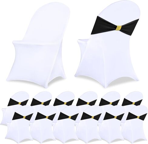 Moukeren 24 Pack White Folding Chair Cover Set with 12pcs Stretch Spandex Chair Slipcovers 12pcs Buckle Sashes Bow for Wedding Banquets Parties Events(Black) in Saudi Arabia