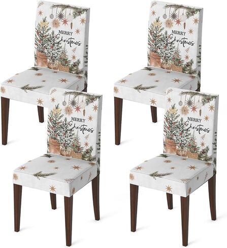Horaldaily 4 قطع أغطية كراسي تناول الطعام في عيد الميلاد، زخارف كروية لأشجار عيد الميلاد قابلة للتمدد وقابلة للغسل وغطاء واقي للكرسي لغرفة الطعام وديكور المنزل in Kuwait