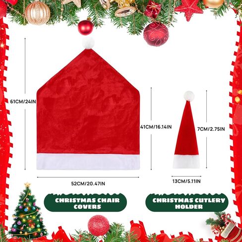 Christmas Chair Cover, Santa Hat Chair Covers with 6Pcs Silverware Holders Santa Chair Back Cover for Christmas Dinner Table Holiday Party Decoration in Saudi Arabia