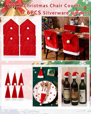 Christmas Chair Cover, Santa Hat Chair Covers with 6Pcs Silverware Holders Santa Chair Back Cover for Christmas Dinner Table Holiday Party Decoration in Saudi Arabia