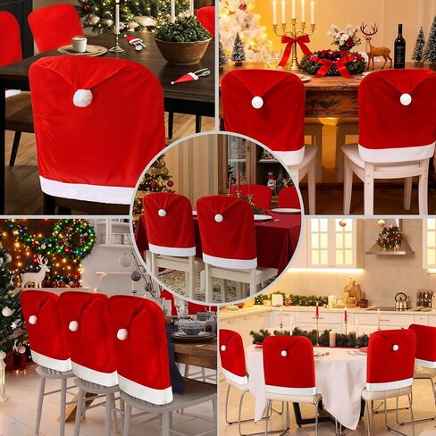 Christmas Chair Cover, Santa Hat Chair Covers with 6Pcs Silverware Holders Santa Chair Back Cover for Christmas Dinner Table Holiday Party Decoration in Saudi Arabia