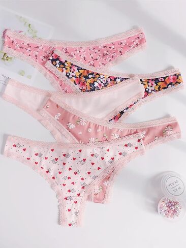 Women's Sexy Cute Thong Panties Set, 5 Pack, Floral and Heart Print, Pink Lace Trim in Saudi Arabia
