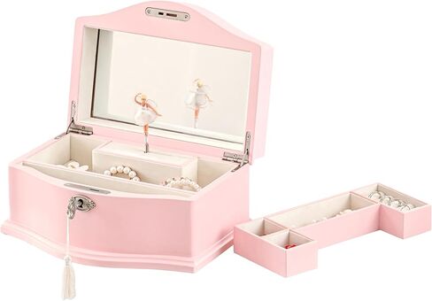 Wooden Musical Jewelry Box for girls with Mirror and Key Lock, Gift for Kids on Birthdays and Holidays (Pink, Small) (Pink, Large) in Saudi Arabia