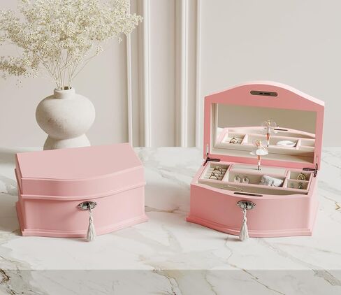 Wooden Musical Jewelry Box for girls with Mirror and Key Lock, Gift for Kids on Birthdays and Holidays (Pink, Small) (Pink, Large) in Saudi Arabia