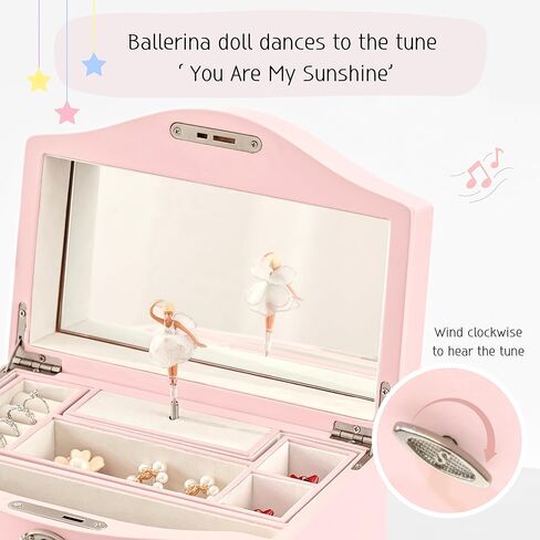 Wooden Musical Jewelry Box for girls with Mirror and Key Lock, Gift for Kids on Birthdays and Holidays (Pink, Small) (Pink, Large) in Saudi Arabia