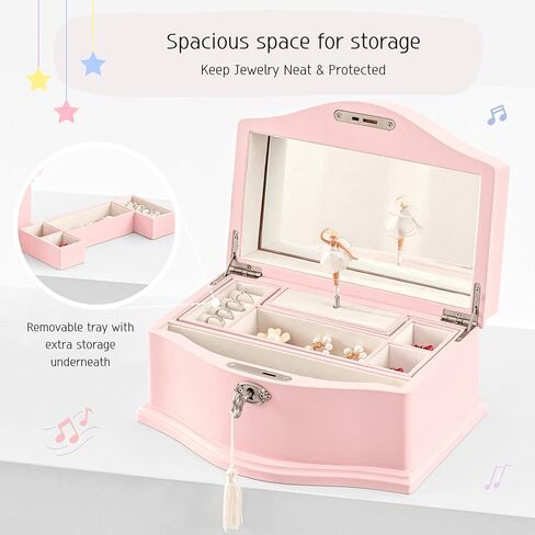 Wooden Musical Jewelry Box for girls with Mirror and Key Lock, Gift for Kids on Birthdays and Holidays (Pink, Small) (Pink, Large) in Saudi Arabia