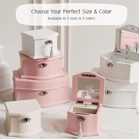 Wooden Musical Jewelry Box for girls with Mirror and Key Lock, Gift for Kids on Birthdays and Holidays (Pink, Small) (Pink, Large) in Saudi Arabia