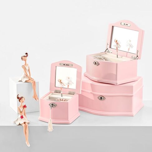Wooden Musical Jewelry Box for girls with Mirror and Key Lock, Gift for Kids on Birthdays and Holidays (Pink, Small) (Pink, Large) in Saudi Arabia