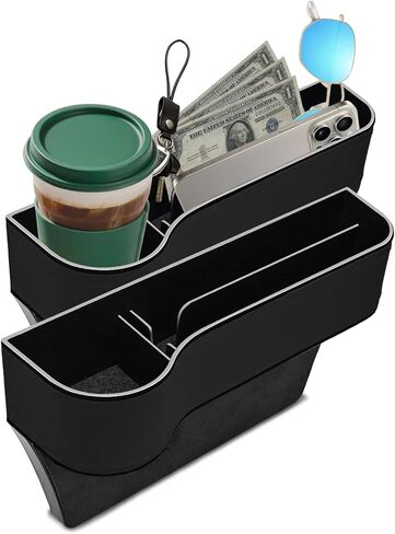 2PCS Car Seat Gap Filler Organizer, Leather Multifunctional Car Seat Organizer, Console Side Storage Box with Cup Holders, Accessories Car Seat Storage Box Universal for Cars (Black) in Kuwait