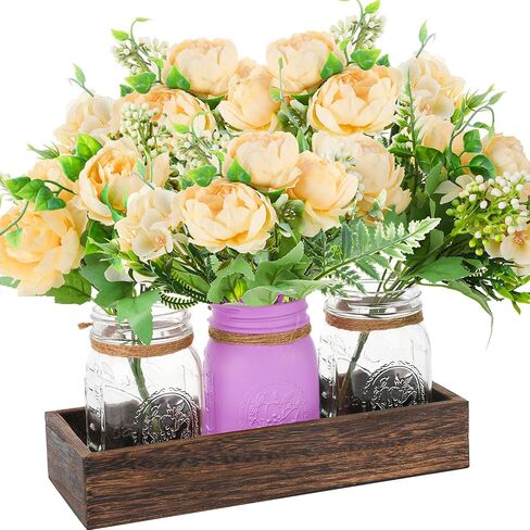 3Pcs Mason Jar Centerpiece Table Decorations with Tray for Coffee Decor, Dining Table Decor, Farmhouse Decor, Centerpieces Home Decor for Kitchen Living Bathroom, Purple in Saudi Arabia