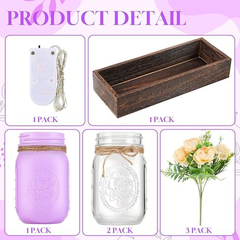 3Pcs Mason Jar Centerpiece Table Decorations with Tray for Coffee Decor, Dining Table Decor, Farmhouse Decor, Centerpieces Home Decor for Kitchen Living Bathroom, Purple in Saudi Arabia