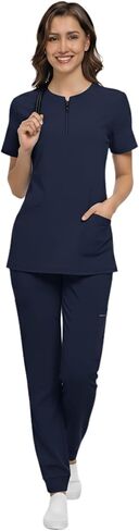 Scrubs for Women Set Nurse Uniform Jogger Suit Stretch Top & Pants Zipper Multiple Short Sleeve Shirt with 4 Pockets in Saudi Arabia