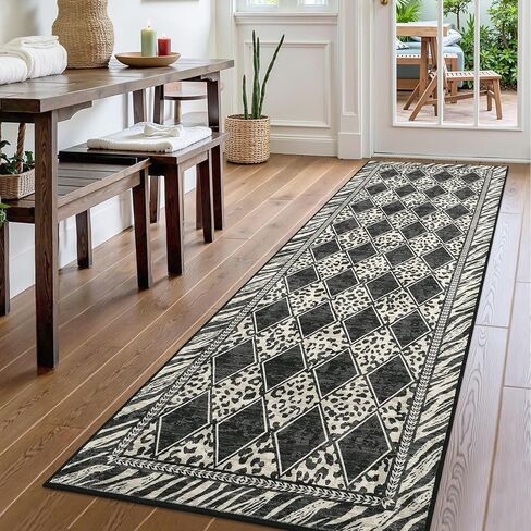 Runner Rug 2x8, Checkered Leopard Print Hallway Runners Long Entryway Rug, Soft Low Pile Non-Slip Kitchen Runners for Bedroom Laundry Room (Beige/Black, 2'x8') in Saudi Arabia
