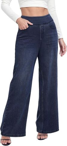 Wide Leg Pull On Jeans Womens High Rise Stretchy Jeans Denim Pants with Elastic Waist Tummy Control Straight Leg Pant in Saudi Arabia