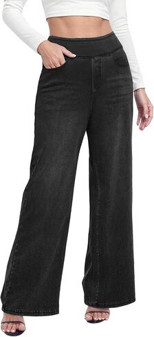 Wide Leg Pull On Jeans Womens High Rise Stretchy Jeans Denim Pants with Elastic Waist Tummy Control Straight Leg Pant in Saudi Arabia