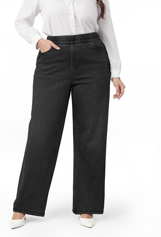 Wide Leg Pull On Jeans Womens High Rise Stretchy Jeans Denim Pants with Elastic Waist Tummy Control Straight Leg Pant in Saudi Arabia