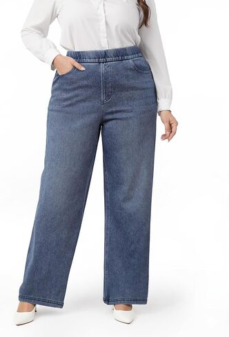 Wide Leg Pull On Jeans Womens High Rise Stretchy Jeans Denim Pants with Elastic Waist Tummy Control Straight Leg Pant in Saudi Arabia
