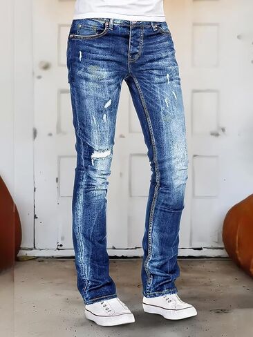 Flamingals Straight Leg Jeans for Women Mid Rise Ripped Wash Stretchy Curvy Fit Casual Denim Skinny Jeans in Saudi Arabia