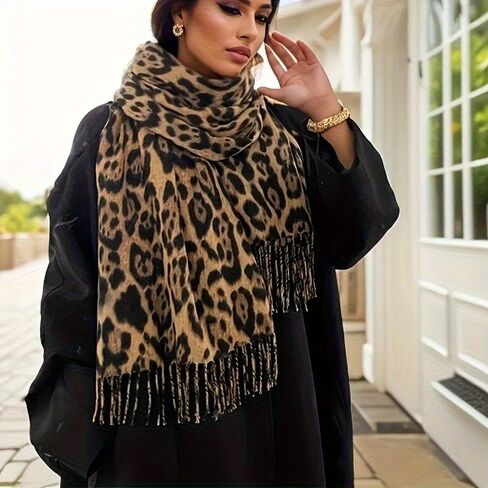 Leopard Print Winter Scarf for Women Soft Thick Tassel Shawl Wrap, Cozy Oversized Warm Neck Scarf for Fall and Winter in Saudi Arabia