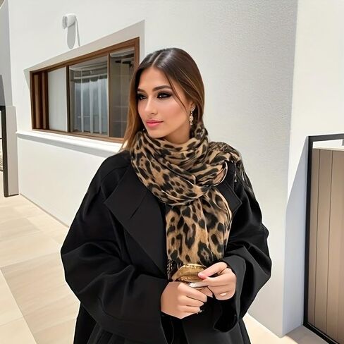 Leopard Print Winter Scarf for Women Soft Thick Tassel Shawl Wrap, Cozy Oversized Warm Neck Scarf for Fall and Winter in Saudi Arabia