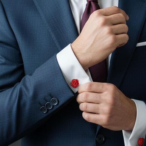 أزرار أكمام على شكل زهرة وردية للرجال، أزرار أكمام سهرة باللون الفضي، دبابيس على شكل زهرة حمراء أنيقة لعيد الميلاد وحفلات الزفاف وهدية عيد الميلاد in Kuwait