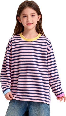 Girls Striped Long Sleeve Shirts Drop Shoulder Casual Fashionable Crewneck Blouse Tee Tops in Saudi Arabia