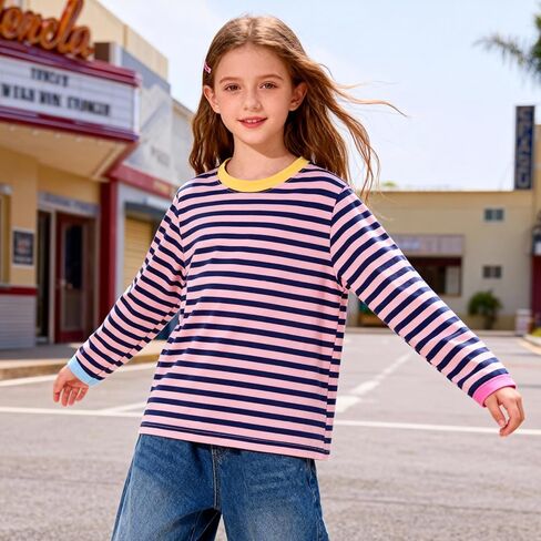 Girls Striped Long Sleeve Shirts Drop Shoulder Casual Fashionable Crewneck Blouse Tee Tops in Saudi Arabia