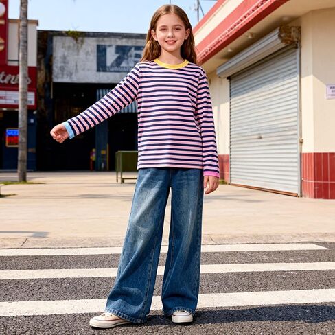 Girls Striped Long Sleeve Shirts Drop Shoulder Casual Fashionable Crewneck Blouse Tee Tops in Saudi Arabia