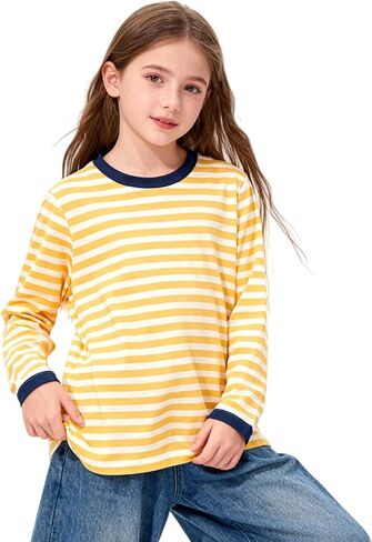 Girls Striped Long Sleeve Shirts Drop Shoulder Casual Fashionable Crewneck Blouse Tee Tops in Saudi Arabia