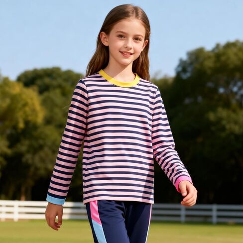 Girls Striped Long Sleeve Shirts Drop Shoulder Casual Fashionable Crewneck Blouse Tee Tops in Saudi Arabia