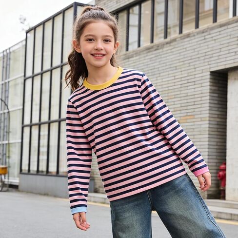 Girls Striped Long Sleeve Shirts Drop Shoulder Casual Fashionable Crewneck Blouse Tee Tops in Saudi Arabia