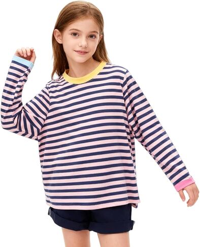 Girls Striped Long Sleeve Shirts Drop Shoulder Casual Fashionable Crewneck Blouse Tee Tops in Saudi Arabia