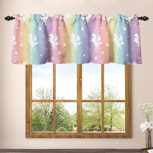 Renaiss 42 x 18 Inch Colorful Unicorn Window Valance for Girls Bedroom Bathroom Unicorn Princess Theme Decor Room Darkening Wall Decal Curtain Colorful Rainbow Rod Pocket Linen Window Treatment Drapes in Saudi Arabia