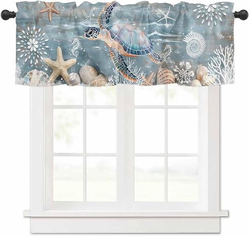 Sea Turtle Coastal Valances for Windows Living Room/Bedroom, Teal Coral Nautical Short Curtains for Kitchen/Bathroom, Farmhouse Starfish Shells Window Treatment Decor Panel 54" x 18" in Saudi Arabia