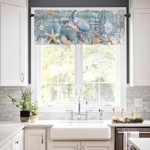 Sea Turtle Coastal Valances for Windows Living Room/Bedroom, Teal Coral Nautical Short Curtains for Kitchen/Bathroom, Farmhouse Starfish Shells Window Treatment Decor Panel 54" x 18" in Saudi Arabia