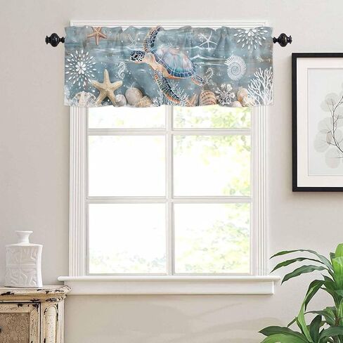 Sea Turtle Coastal Valances for Windows Living Room/Bedroom, Teal Coral Nautical Short Curtains for Kitchen/Bathroom, Farmhouse Starfish Shells Window Treatment Decor Panel 54" x 18" in Saudi Arabia