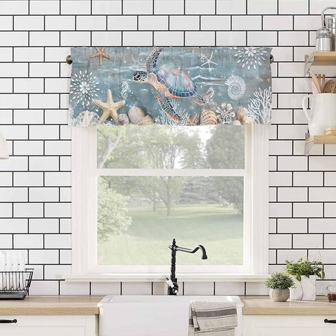 Sea Turtle Coastal Valances for Windows Living Room/Bedroom, Teal Coral Nautical Short Curtains for Kitchen/Bathroom, Farmhouse Starfish Shells Window Treatment Decor Panel 54" x 18" in Saudi Arabia