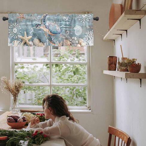 Sea Turtle Coastal Valances for Windows Living Room/Bedroom, Teal Coral Nautical Short Curtains for Kitchen/Bathroom, Farmhouse Starfish Shells Window Treatment Decor Panel 54" x 18" in Saudi Arabia