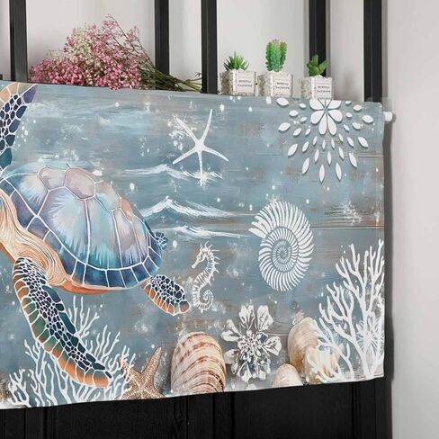 Sea Turtle Coastal Valances for Windows Living Room/Bedroom, Teal Coral Nautical Short Curtains for Kitchen/Bathroom, Farmhouse Starfish Shells Window Treatment Decor Panel 54" x 18" in Saudi Arabia