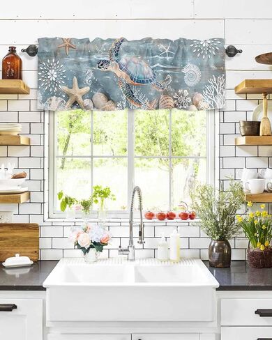 Sea Turtle Coastal Valances for Windows Living Room/Bedroom, Teal Coral Nautical Short Curtains for Kitchen/Bathroom, Farmhouse Starfish Shells Window Treatment Decor Panel 54" x 18" in Saudi Arabia