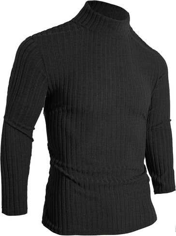 Men's Turtleneck Sweater Slim Fit Casual Twist Patterned Knitted Pullover Sweater Fashion Winter Wear,Black in Saudi Arabia