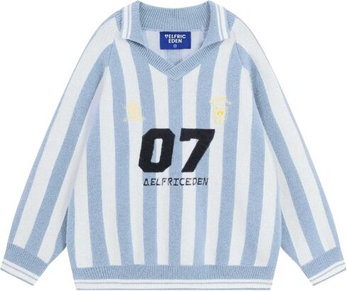 Aelfric Eden Men Long Sleeve Sweater Oversized V Neck Cable Knit Fashion Pullover Vintage Number Sweater Outfits in Saudi Arabia